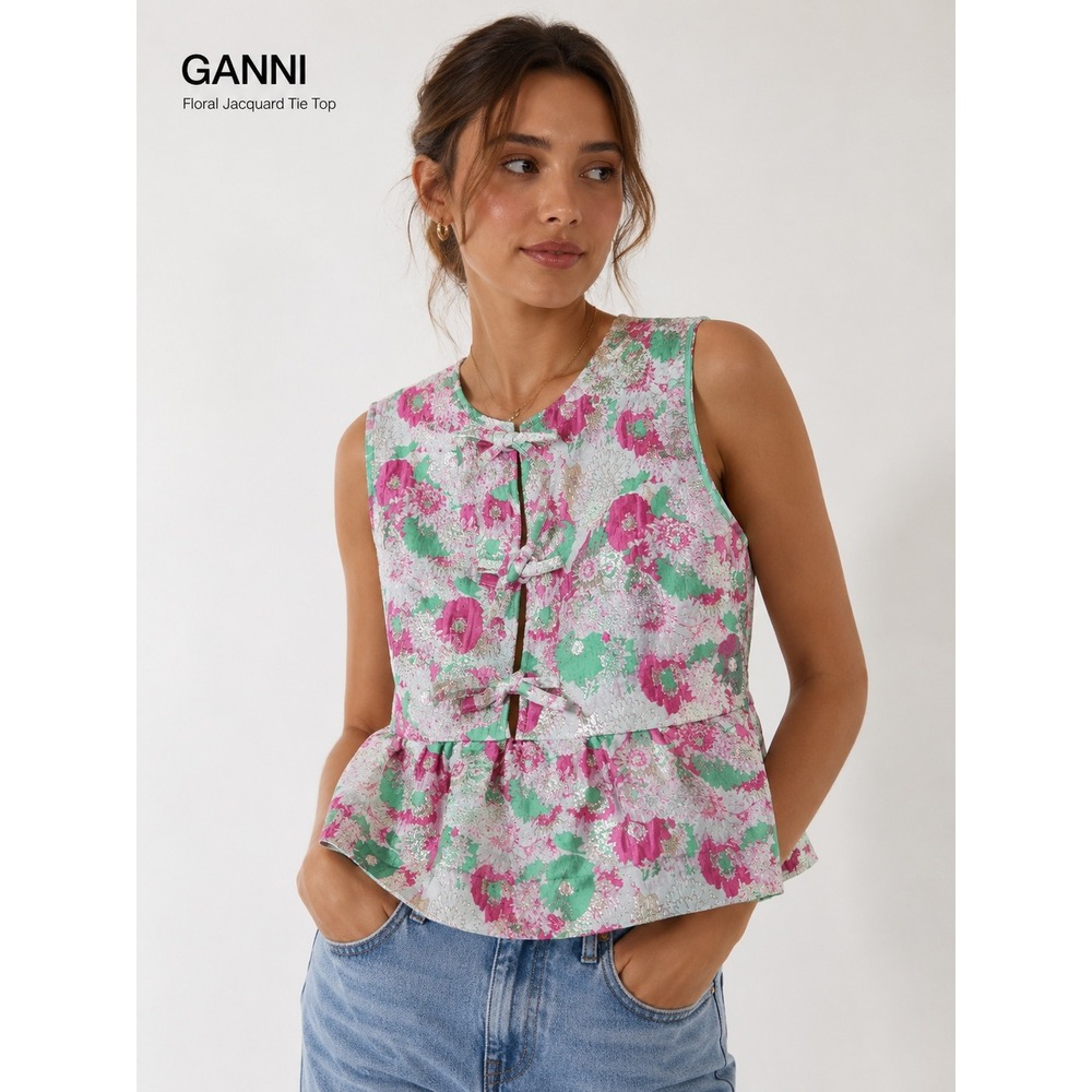 Ganni Floral Jacquard Tie Top Women's Size 36 Pink Green Excellent Metallic Bow